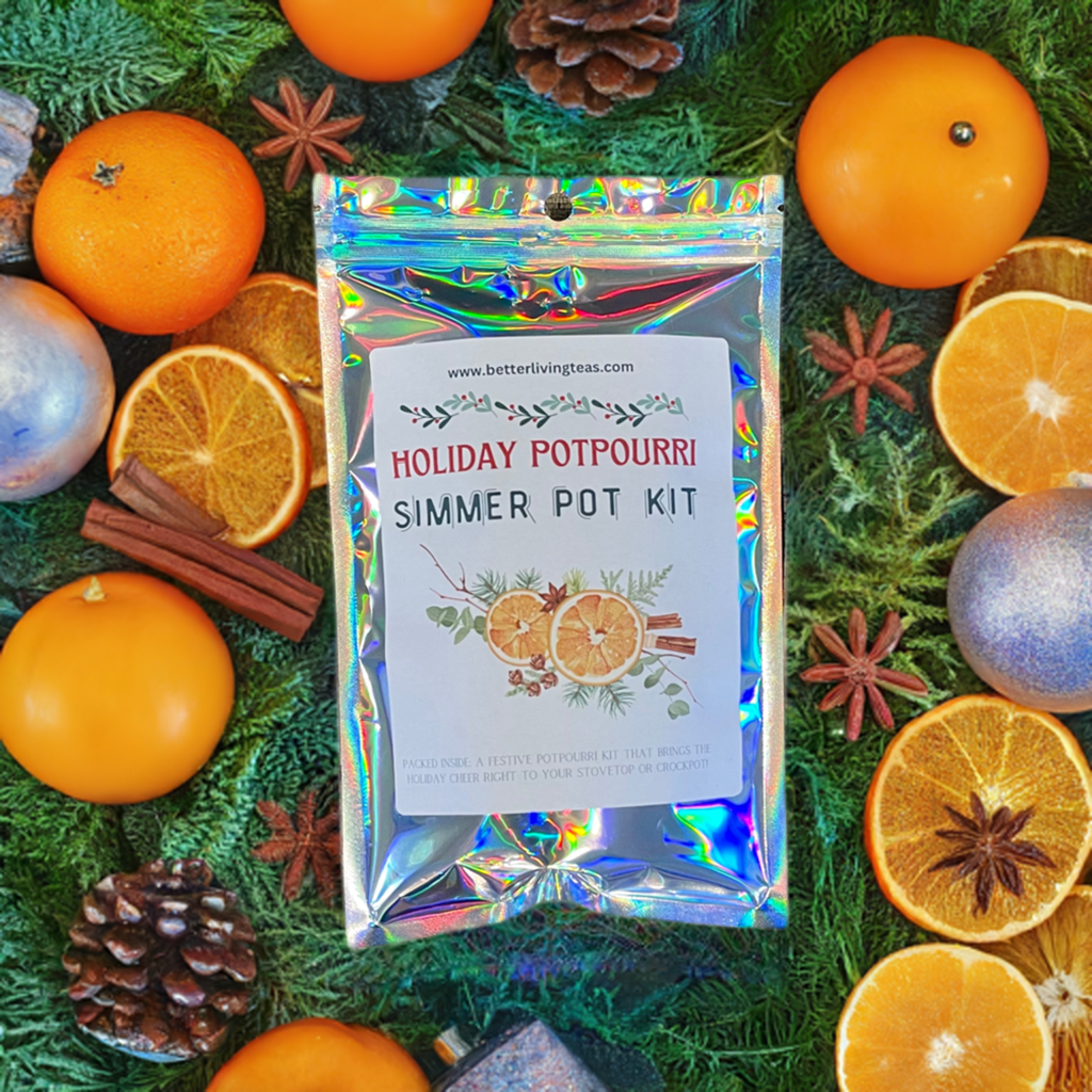 Holiday Spice simmer pot kit surrounded by oranges, cinnamon and star anise