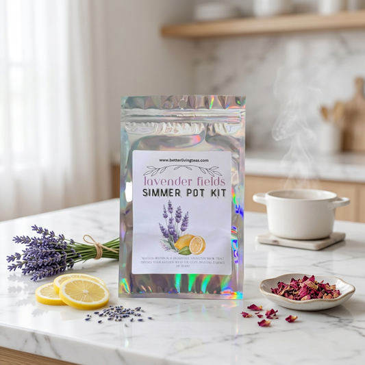 Lavender Fields stovetop simmer pot kit on a marble counter with lavender, lemon slices and rose petals