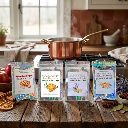 Simmer pot variety pack with Spiced Apple Pie, Breathe Easy, Lavender Fields and Holiday Potpourri kits on a kitchen counter