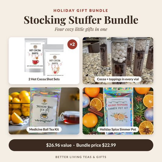 Stocking Stuffer Bundle: 2 Hot Cocoa Shot sets, Medicine Ball Tea Kit and Holiday Spice Simmer Pot