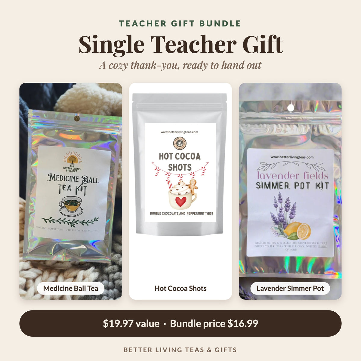 Single Teacher Gift: Medicine Ball Tea, Hot Cocoa Shots and Lavender Fields Simmer Pot